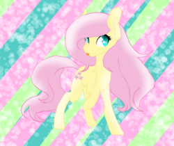 Size: 684x574 | Tagged: safe, artist:princess-trix, fluttershy, g4, abstract background, ear fluff, female, looking at you, raised hoof, smiling, solo, standing, tongue out, turned head, wingless