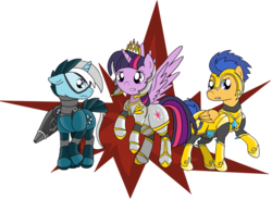 Size: 900x658 | Tagged: safe, artist:zanture-angel, flash sentry, twilight sparkle, oc, oc:infinity star, alicorn, pegasus, pony, unicorn, g4, alternate universe, armor, crown, digital art, jewelry, regalia, request, trio, twilight sparkle (alicorn)