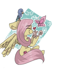 Size: 600x800 | Tagged: safe, artist:lilacpetalloafsart, fluttershy, bird, butterfly, squirrel, g4, big ears, eyes closed, female, heart, holding, hoof hold, nuzzling, profile, sitting, smiling, solo, spread wings