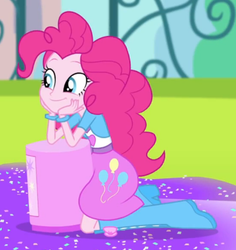 Size: 369x391 | Tagged: safe, pinkie pie, equestria girls, g4, my little pony equestria girls: rainbow rocks, pinkie on the one, balloon, boots, cute, diapinkes, fence, glitter, high heel boots, smiling