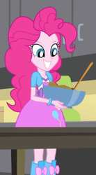 Size: 247x446 | Tagged: safe, pinkie pie, equestria girls, g4, my little pony equestria girls: rainbow rocks, pinkie on the one, balloon, boots, bowl, bracelet, clothes, high heel boots, jewelry, skirt, smiling, spoon, table