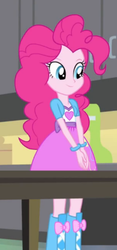 Size: 205x438 | Tagged: safe, pinkie pie, equestria girls, g4, my little pony equestria girls: rainbow rocks, balloon, boots, bracelet, clothes, cute, hands together, high heel boots, jewelry, skirt, table