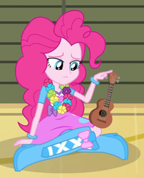 Size: 295x365 | Tagged: safe, pinkie pie, equestria girls, g4, rainbow rocks, shake your tail, balloon, boots, bracelet, female, floral necklace, high heel boots, jewelry, lei, musical instrument, solo, ukulele