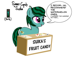 Size: 1435x1092 | Tagged: safe, artist:zharkaer, oc, oc only, oc:sweet candy (suika), earth pony, pony, apple, bags under eyes, banana, candy, cherry, dialogue, female, food, lemon, mare, orange, pear, sign, simple background, solo, speech bubble, speech impediment, strawberry, text, transparent background, watermelon