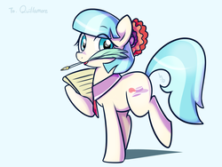 Size: 1400x1050 | Tagged: safe, artist:haden-2375, coco pommel, earth pony, pony, g4, female, looking at you, paper, quill, raised hoof, requested art, simple background, solo