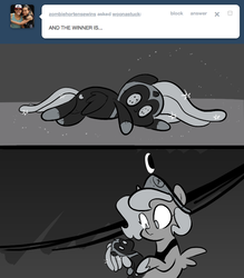 Size: 666x761 | Tagged: safe, artist:egophiliac, nightmare moon, princess luna, moonstuck, g4, ask, cartographer's element of courage, dark woona, doll, female, filly, grayscale, monochrome, nightmare woon, toy, tumblr, woona, younger