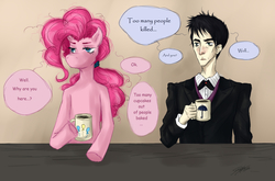 Size: 3169x2089 | Tagged: safe, artist:sandver, pinkie pie, human, g4, clothes, coffee, crossover, high res, implied cupcakes, oswald cobblepot, the penguin