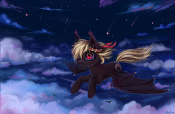 Size: 2564x1670 | Tagged: safe, artist:inowiseei, oc, oc only, oc:enotera, bat pony, pony, art trade, cloud, fangs, female, flying, mare, night, night sky, smiling, solo, stars