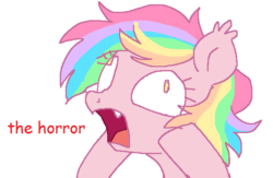 Size: 626x409 | Tagged: safe, artist:hawthornss, oc, oc only, oc:paper stars, bat pony, pony, 1000 hours in ms paint, comic sans, cute little fangs, derp, dialogue, ear fluff, fangs, ms paint, open mouth, reaction image, simple background, solo, the horror, white background