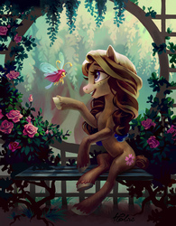 Size: 1975x2528 | Tagged: safe, artist:holivi, oc, oc only, breezie, earth pony, pony, g4, commission, cottagecore, duo, female, flower, freckles, garden, looking at each other, mare, open mouth, reaching, rose, sitting, smiling, tree