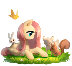 Size: 2900x2654 | Tagged: safe, artist:r-1629, angel bunny, fluttershy, bird, lamb, pegasus, pony, rabbit, sheep, squirrel, g4, animal, female, flower, folded wings, grass, high res, looking at something, mare, profile, prone, smiling