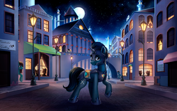 Size: 3486x2179 | Tagged: safe, artist:l1nkoln, derpy hooves, pinkie pie, spike, oc, oc only, oc:slashing prices, pony, unicorn, g4, armor, building, canterlot, full moon, high res, lamppost, lights, male, moon, night, royal guard, sign, stallion, stars, street