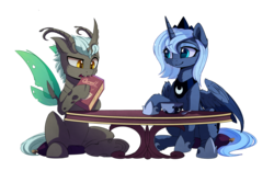 Size: 3493x2180 | Tagged: safe, artist:magnaluna, princess luna, oc, alicorn, changeling, pony, g4, bowl, cereal, changeling oc, cuteling, food, high res, s1 luna, simple background, sitting, spoon, table, transparent background