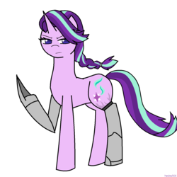 Size: 1280x1280 | Tagged: safe, artist:hayley566, starlight glimmer, pony, unicorn, celestial advice, g4, amputee, automail, crossover, female, fullmetal alchemist, prosthetic limb, prosthetics, raised hoof, simple background, solo, squint, white background