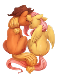 Size: 1207x1631 | Tagged: safe, artist:audrarius, applejack, fluttershy, earth pony, pegasus, pony, g4, 30 minute art challenge, both cutie marks, eyes closed, female, floppy ears, hat, lesbian, nuzzling, rear view, ship:appleshy, shipping, simple background, sitting, smiling, white background