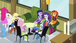 Size: 1100x618 | Tagged: safe, screencap, applejack, fluttershy, pinkie pie, rainbow dash, rarity, spike, sunset shimmer, twilight sparkle, dog, human, equestria girls, g4, my little pony equestria girls: rainbow rocks, boots, bowtie, bracelet, chair, clothes, couch, cowboy boots, cup, drink, high heel boots, humane five, humane seven, humane six, jacket, jewelry, leather jacket, legs, milkshake, raised leg, skirt, sleeveless, socks, spike the dog, table, tank top, teacup