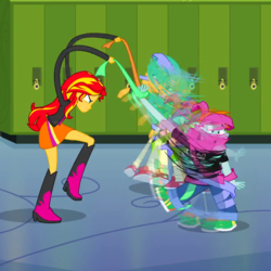 Size: 670x670 | Tagged: safe, screencap, snails, snips, sunset shimmer, equestria girls, g4, my little pony equestria girls, cropped, great moments in animation, streamers