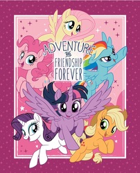 Size: 1158x1433 | Tagged: safe, applejack, fluttershy, pinkie pie, rainbow dash, rarity, twilight sparkle, alicorn, pony, g4, my little pony: the movie, official, adventure and friendship forever, fabric, mane six, panel, poster, twilight sparkle (alicorn)