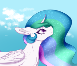 Size: 3500x3000 | Tagged: safe, artist:despotshy, artist:sleepicookie, princess celestia, pony, g4, collaboration, curved horn, female, high res, horn, looking up, solo
