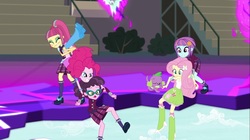 Size: 1100x618 | Tagged: safe, screencap, fluttershy, pinkie pie, sour sweet, spike, spike the regular dog, sunny flare, varsity trim, dog, equestria girls, g4, my little pony equestria girls: friendship games, boots, canterlot high, clothes, crystal prep academy uniform, dimensional cracks, eyes closed, freckles, glasses, high heel boots, open mouth, school uniform, shoes, skirt, socks, tank top
