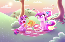 Size: 2500x1600 | Tagged: safe, artist:siggie740, princess cadance, twilight sparkle, alicorn, pony, unicorn, g4, bow, bush, cloud, cute, cutedance, duo, filly, filly twilight sparkle, food, hair bow, happy, hill, juice, juice box, open mouth, open smile, picnic, ponytail, prone, sandwich, scenery, sitting, smiling, sun, tail bow, teen princess cadance, tree, twiabetes, unicorn twilight, younger