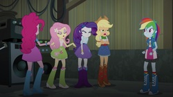 Size: 1100x618 | Tagged: safe, screencap, applejack, fluttershy, pinkie pie, rainbow dash, rarity, equestria girls, g4, my little pony equestria girls: rainbow rocks, angry, boots, bracelet, clothes, cowboy boots, eyes closed, female, high heel boots, humane five, jewelry, raised leg, rear view, skirt, socks, wristband
