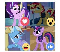 Size: 480x423 | Tagged: safe, starlight glimmer, sunset shimmer, trixie, twilight sparkle, pony, unicorn, g4, counterparts, emoji, facebook, facebook reactions, needs more jpeg, twilight's counterparts, 👍