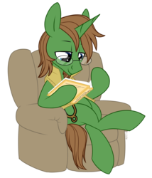 Size: 1024x1198 | Tagged: safe, artist:kellythedrawinguni, oc, oc only, oc:latent logic, pony, book, clothes, couch, glasses, male, reading, simple background, solo, stallion, transparent background, vest