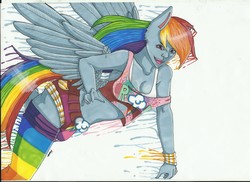 Size: 2338x1700 | Tagged: safe, artist:manonmanyu, rainbow dash, anthro, g4, bracelet, clothes, female, looking at you, midriff, open mouth, rainbow socks, simple background, socks, solo, sports bra, striped socks, white background