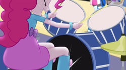 Size: 1100x618 | Tagged: safe, screencap, pinkie pie, rainbow dash, equestria girls, g4, my little pony equestria girls: rainbow rocks, boots, bracelet, cymbals, drum kit, drumming, drums, drumsticks, electric guitar, female, guitar, high heel boots, jewelry, musical instrument, rear view