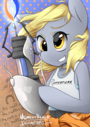 Size: 707x1000 | Tagged: safe, artist:midnightpremiere, derpy hooves, pony, g4, clothes, crossover, female, grin, portal (valve), portal gun, signature, smiling, solo, tank top
