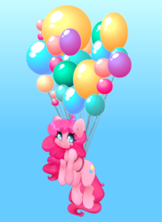 Size: 400x550 | Tagged: safe, artist:tolsticot, pinkie pie, earth pony, pony, g4, balloon, beanbrows, cheek fluff, chest fluff, cute, diapinkes, eyebrows, female, floating, hnnng, leg fluff, looking at you, mare, no pupils, sky, smiling, solo, then watch her balloons lift her up to the sky
