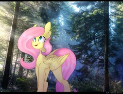 Size: 1300x1000 | Tagged: artist needed, safe, fluttershy, pegasus, pony, my little brony risovach, g4, crepuscular rays, forest, irl, looking up, nature, open mouth, photo, ponies in real life, real life background, solo, spread wings, tree