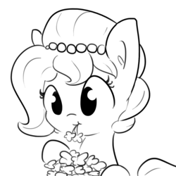 Size: 1280x1280 | Tagged: safe, artist:tjpones, oc, oc only, oc:brownie bun, earth pony, pony, horse wife, black and white, clover, cute, female, four leaf clover, grayscale, mare, monochrome, mouth hold, ocbetes, simple background, solo, white background