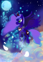 Size: 1024x1453 | Tagged: safe, artist:kumikoponylk, princess luna, pony, g4, cloud, female, flying, moon, petals, solo, watermark