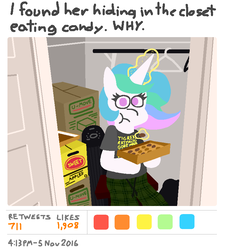 Size: 752x835 | Tagged: safe, artist:threetwotwo32232, princess celestia, alicorn, pony, two best sisters play, g4, candy, chocolate, clothes, female, food, levitation, magic, meta, patlestia, sitting, solo, telekinesis, twitter, two best friends play