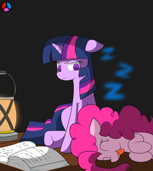 Size: 1280x1434 | Tagged: safe, artist:genericmlp, pinkie pie, twilight sparkle, earth pony, pony, unicorn, g4, book, floppy ears, lamp, no pupils, sitting, sleeping, tongue out, twilight sparkle is not amused, unamused, unicorn twilight, zzz