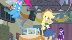 Size: 1100x618 | Tagged: safe, screencap, applejack, pinkie pie, spike, twilight sparkle, dog, equestria girls, g4, my little pony equestria girls, apple cider, applejack's skirt, balloon, basketball net, boots, cider, clothes, disco ball, high heel boots, legs, pictures of legs, skirt, spike the dog, twilight sparkle's skirt