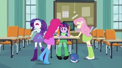 Size: 1100x618 | Tagged: safe, screencap, fluttershy, pinkie pie, rarity, twilight sparkle, equestria girls, g4, my little pony equestria girls, angry, backpack, book, boots, chair, classroom, clothes, egghead, faic, female, high heel boots, incomplete twilight strong, jewelry, raised leg, skirt, socks, television