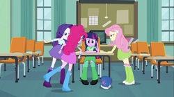 Size: 1100x618 | Tagged: safe, screencap, fluttershy, pinkie pie, rarity, twilight sparkle, equestria girls, g4, my little pony equestria girls, angry, backpack, book, boots, bracelet, classroom, clothes, female, high heel boots, incomplete twilight strong, jewelry, raised leg, skirt, television