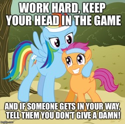 Size: 505x500 | Tagged: safe, artist:brianblackberry, edit, rainbow dash, scootaloo, g4, caption, epic rap battles of history, headband, motivational, scootalove, theodore roosevelt