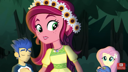 Size: 854x480 | Tagged: safe, screencap, flash sentry, fluttershy, gloriosa daisy, spike, spike the regular dog, dog, equestria girls, g4, my little pony equestria girls: legend of everfree, eyes closed, looking down