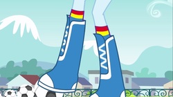 Size: 1100x618 | Tagged: safe, screencap, rainbow dash, equestria girls, g4, my little pony equestria girls, boots, boots shot, clothes, female, fence, football, legs, mountain, pictures of legs, raised leg, socks