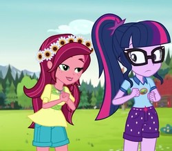 Size: 514x450 | Tagged: safe, screencap, gloriosa daisy, sci-twi, twilight sparkle, equestria girls, g4, my little pony equestria girls: legend of everfree, camp everfree outfits, clothes, flower, flower in hair, glasses, shorts, tree