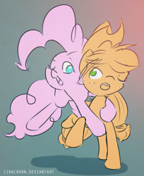 Size: 1007x1235 | Tagged: safe, artist:liracrown, applejack, pinkie pie, g4, glomp, hat, hug, jumping, one eye closed, rough sketch, sketch