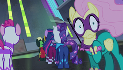 Size: 1920x1090 | Tagged: safe, screencap, applejack, fili-second, fluttershy, mistress marevelous, pinkie pie, radiance, rarity, saddle rager, twilight sparkle, alicorn, pony, g4, power ponies (episode), masked matter-horn costume, power ponies, shocked, shrunken pupils, twilight sparkle (alicorn)