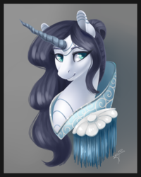 Size: 929x1162 | Tagged: safe, artist:dragonademetal, oc, oc only, oc:resurrection, pony, unicorn, clothes, female, gray background, mare, signature, simple background, smiling, solo