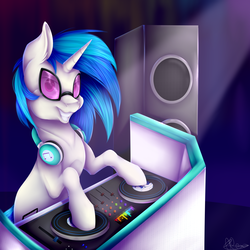 Size: 3897x3893 | Tagged: safe, artist:vavaig69, dj pon-3, vinyl scratch, pony, g4, audio equipment, bipedal, female, grin, high res, looking at you, smiling, solo, speaker, spotlight, sunglasses, turntable