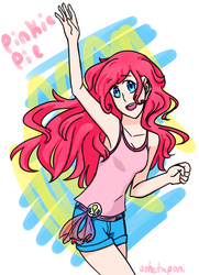 Size: 1446x1994 | Tagged: safe, artist:hetalianpony, pinkie pie, human, g4, abstract background, armpits, clothes, colored pupils, female, humanized, light skin, open mouth, shorts, signature, solo, tank top, waving