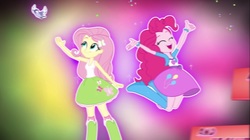 Size: 1100x618 | Tagged: safe, fluttershy, pinkie pie, bird, equestria girls, g4, my little pony equestria girls: friendship games, balloon, boots, bracelet, clothes, confetti, high heel boots, jewelry, jumping, skirt, socks